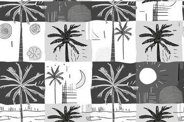 pattern with 4 quarters, in two opposite quarters there is a minimlistic palmtree, in the other two there is a sun, organic hand drawn , black and white