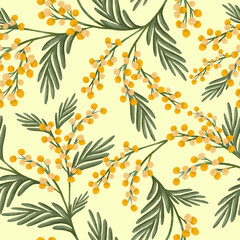 Botanical seamless pattern with yellow mimosa flowers and leaves,  illustration for textile print, wallpaper, wrapping paper, wattle, card, letter, wedding, holiday