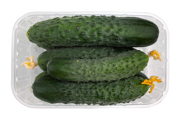 fresh cucumbers in container isolated on white background, packing of fresh green vegetables, organic products from garden, top view