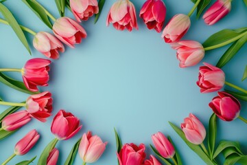 Obraz na płótnie Canvas Frame of pink tulips on blue background, wedding background, women day background, mother day background