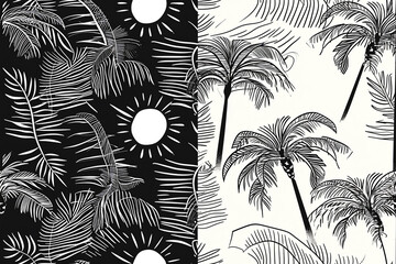 Pattern with 4 quarters, in two opposite quarters there is a minimalistic palm tree, in the other two there is a sun, organic hand drawn , black and white