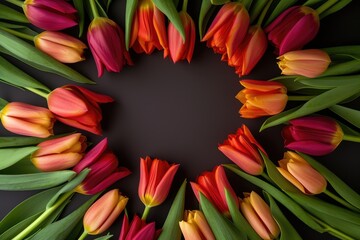 Frame of colorful tulips on brown background, wedding background, women day background, mother day background