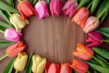 Frame of colorful tulips on wooden background, wedding background, women day background, mother day background