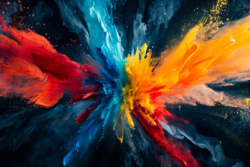 Colorful painting in red blue and yellow splashes of paint is shown with white background.