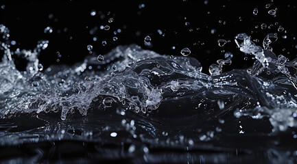 a shot of water splashing on a black background in - obrazy, fototapety, plakaty