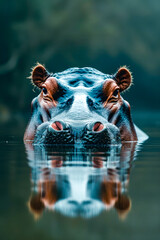 Hippo is swimming in body of water and looking straight ahead with its two red eyes.