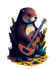 colorful illustration of a beaver playing guitar