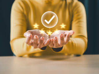 customer satisfaction concept Hand showing awesome icon and give a five star rating Demonstrate...
