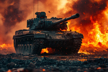Computer-generated image of tank with cannon on top surrounded by fire and smoke.