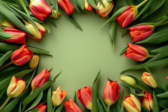 Flowers composition. Frame made of tulips on green background, wedding background, women day background, mother day background