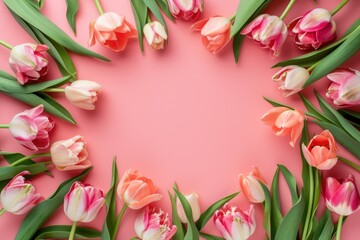 Flowers composition. Frame made of tulips on pink background, wedding background, women day background, mother day background
