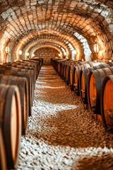 Barrels are lined up in cave-like setting with light illuminating them.