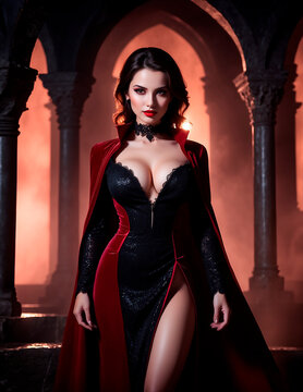 Mujer sexy estilo vampiresa bruja de ojos marrones pelo oscuro con vestido ce&ntilde;ido rojo y negro muy escotado y grandes senos