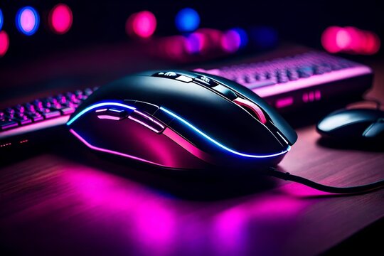 Immerse the viewer in the excitement of gaming gear technology with a close-up shot of a black mouse on a desk, bathed in the captivating glow of pink and blue lights.
