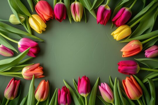 Flowers composition. Frame made of tulips on green background, wedding background, women day background, mother day background