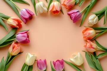 Flowers composition. Frame made of tulips on peach background, wedding background, women day background, mother day background