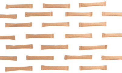 pattern of sugar sticks, sugar in paper kraft packaging, mock up for design isolated on white...
