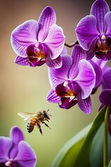 Close up of a honey bee with pollen on its legs flying toward a purple orchid flower in bloom to...