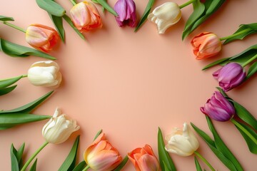 Flowers composition. Frame made of tulips on peach background, wedding background, women day background, mother day background