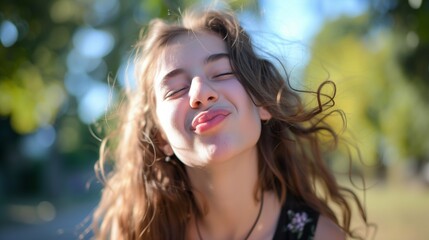 A charming moment unfolds as a young single girl playfully gives a flying kiss, capturing the essence of youth, flirtation, and carefree expression.  - obrazy, fototapety, plakaty