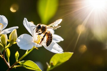 Backlit honeybee rapidly beating its transparent wings on course for aromatic white jasmine flowers...