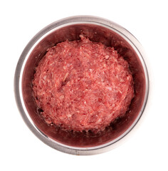 raw fresh minced meat in bowl, pork, beef or mixed forcemeat isolated on white background, meat is ready to cook lasagna or meatballs