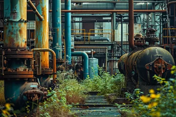 Foto op Canvas Old abandoned factory with pipes and tanks sitting in grassy field. © valentyn640