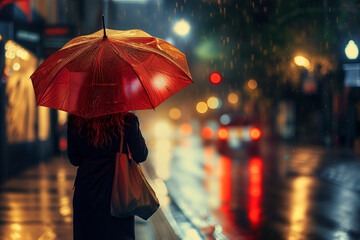 woman with a red umbrella in the rain on an evening city street, rear view