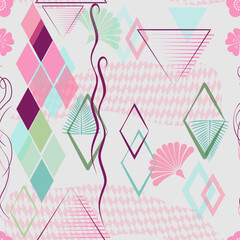 Seamless pattern with flowers and geometric elements. Vector illustration.