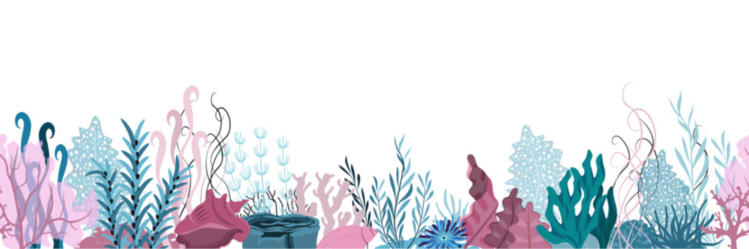 Seamles border with underwater panorama. Vector illustration.	
