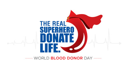 Vector illustration of World Blood Donor Day poster banner design. Blood donation awareness logo poster design with typography text and donor as superhero concept. © New concept & ideas