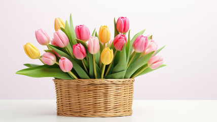 Bouquet of tulips in small wicker basket on gray background. Holiday element.