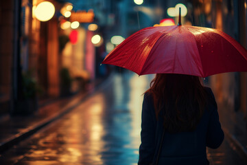 woman with a red umbrella in the rain on an evening city street, rear view