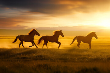 a group of graceful horses galloping across a field at sunset