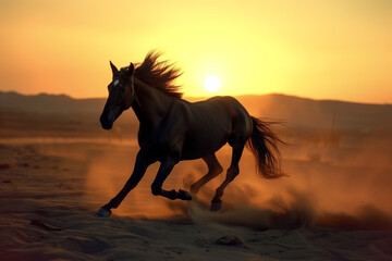 graceful black horse gallops across the sand at sunset