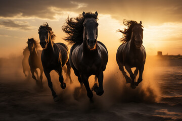 a group of graceful black horses galloping along the sand at sunset