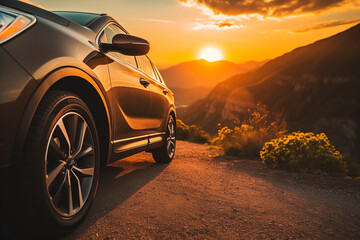 A close up shot of the side of a car at sunset on a mountain road