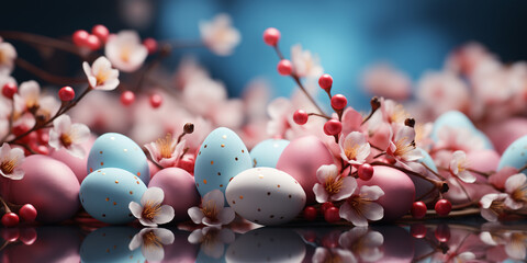 Happy easter holiday background. Painted eggs and spring flowers. 
