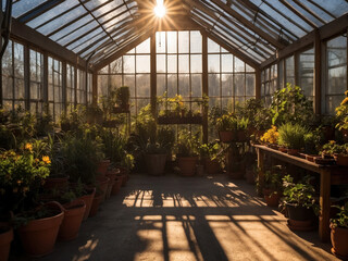 Greenhouse in sunshine rays with plants in pots