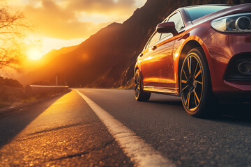 A close up shot of the side of a car at sunset on a mountain road - obrazy, fototapety, plakaty