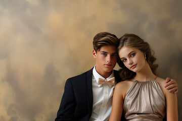 Elegant Young Couple Ready for Prom Night, Open Empty Copy Space for Text within a Poster, Invitation or Announcement, Fill in the blank, Horizontal Landscape
