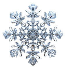 A 3D metallic snowflake on a white background.