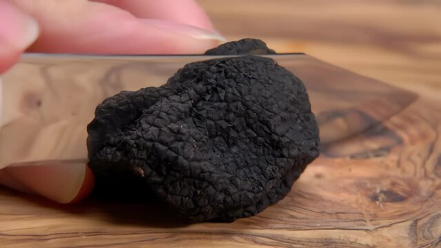 A knife cuts a black truffle on a wooden board close-up. High quality 4k footage