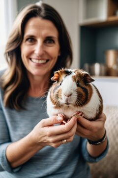 Brunette mom holding up an excited guinea pig with brown and white fur up to her face as her son pets it gently.