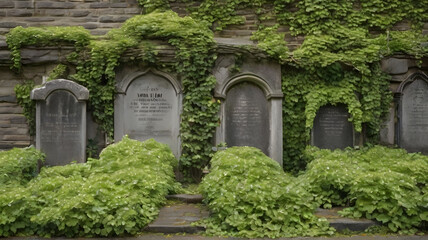 tombstone row with creeping ivy