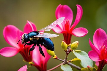 Solo carpenter bee bee-lining through the air from a blossoming magnolia tree toward vivid red azalea bushes.