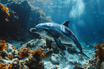 Naklejka na ściany i meble Dolphins swimming in deep sea
