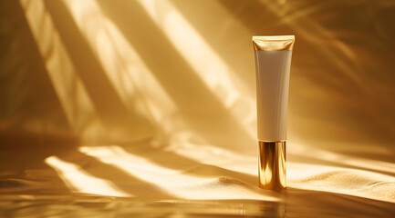 a tube of foundation is sitting on a gold colored sur - obrazy, fototapety, plakaty