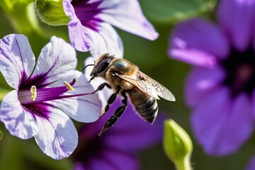 Tiny mason bee floating on the breeze past citrus trees aiming for beds of colorful purple and white petunias.