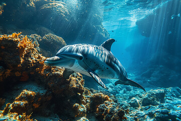 Fototapeta premium Dolphins swimming in deep sea